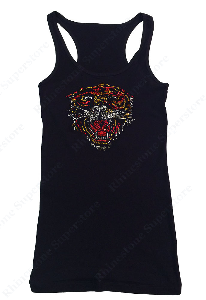 Womens T-shirt with Huge Tiger Face in Rhinestones