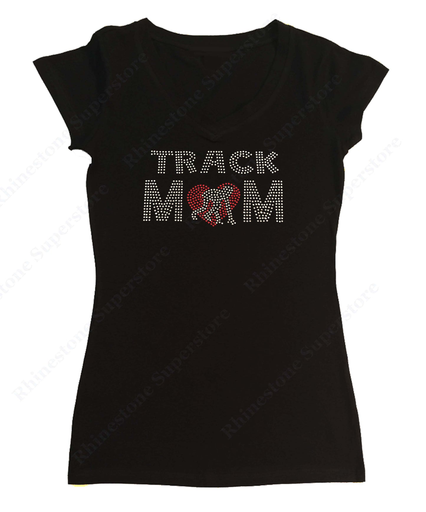 Womens T-shirt with Track Mom with Heart in Rhinestones