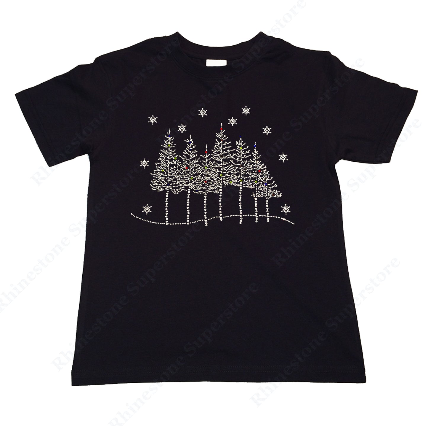 Girls Rhinestone T-Shirt " Tree Line Scene with Snowflakes in Rhinestones " Kids Size 3 to 14 Available