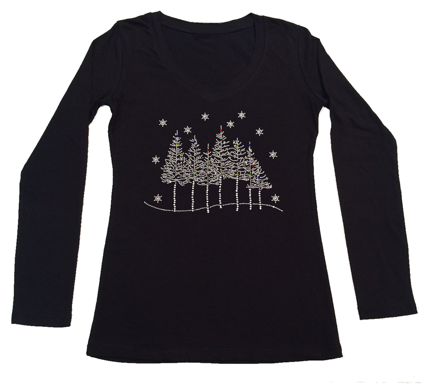 Womens T-shirt with Tree Line Scene with Snowflakes in Rhinestones