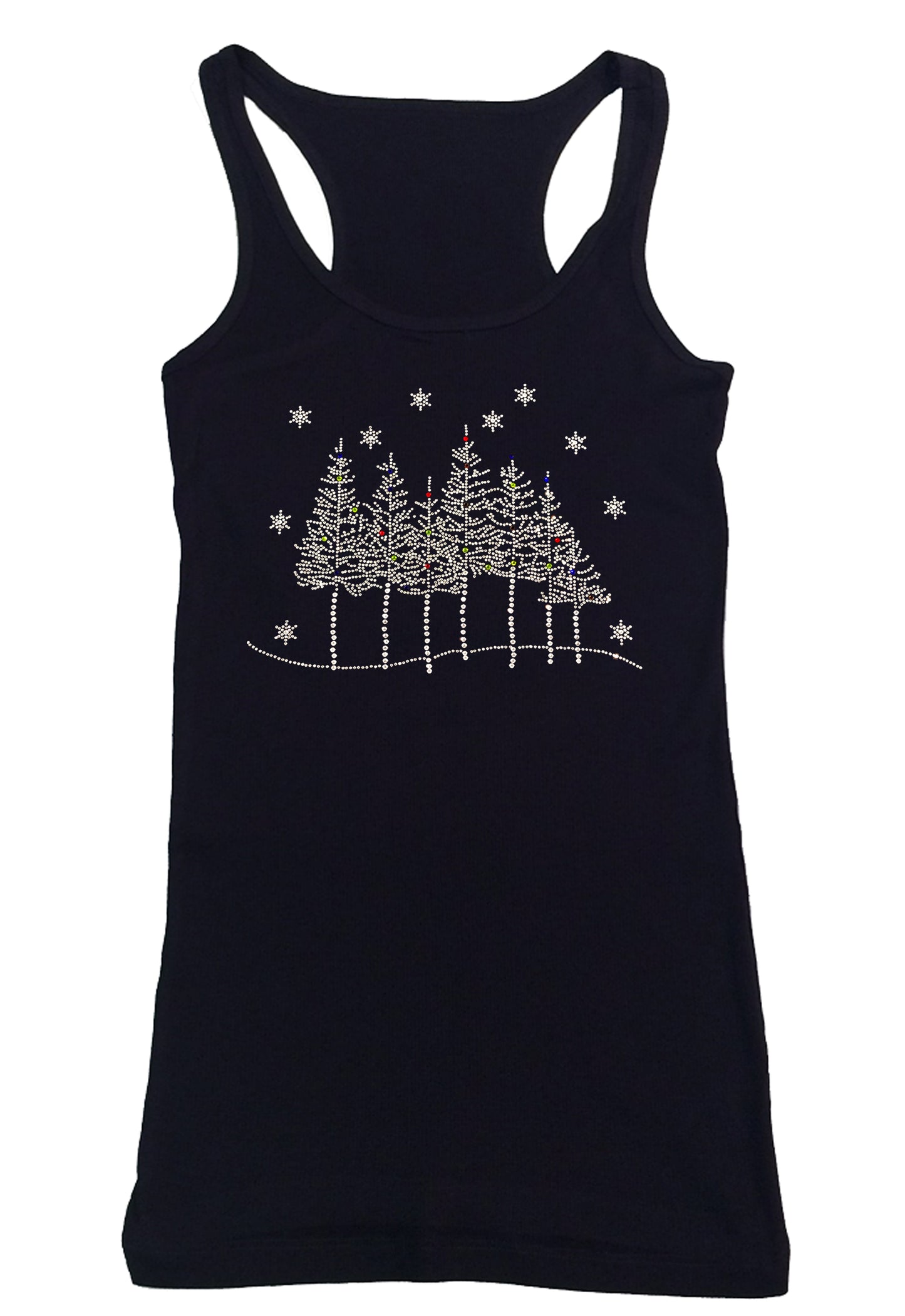 Womens T-shirt with Tree Line Scene with Snowflakes in Rhinestones