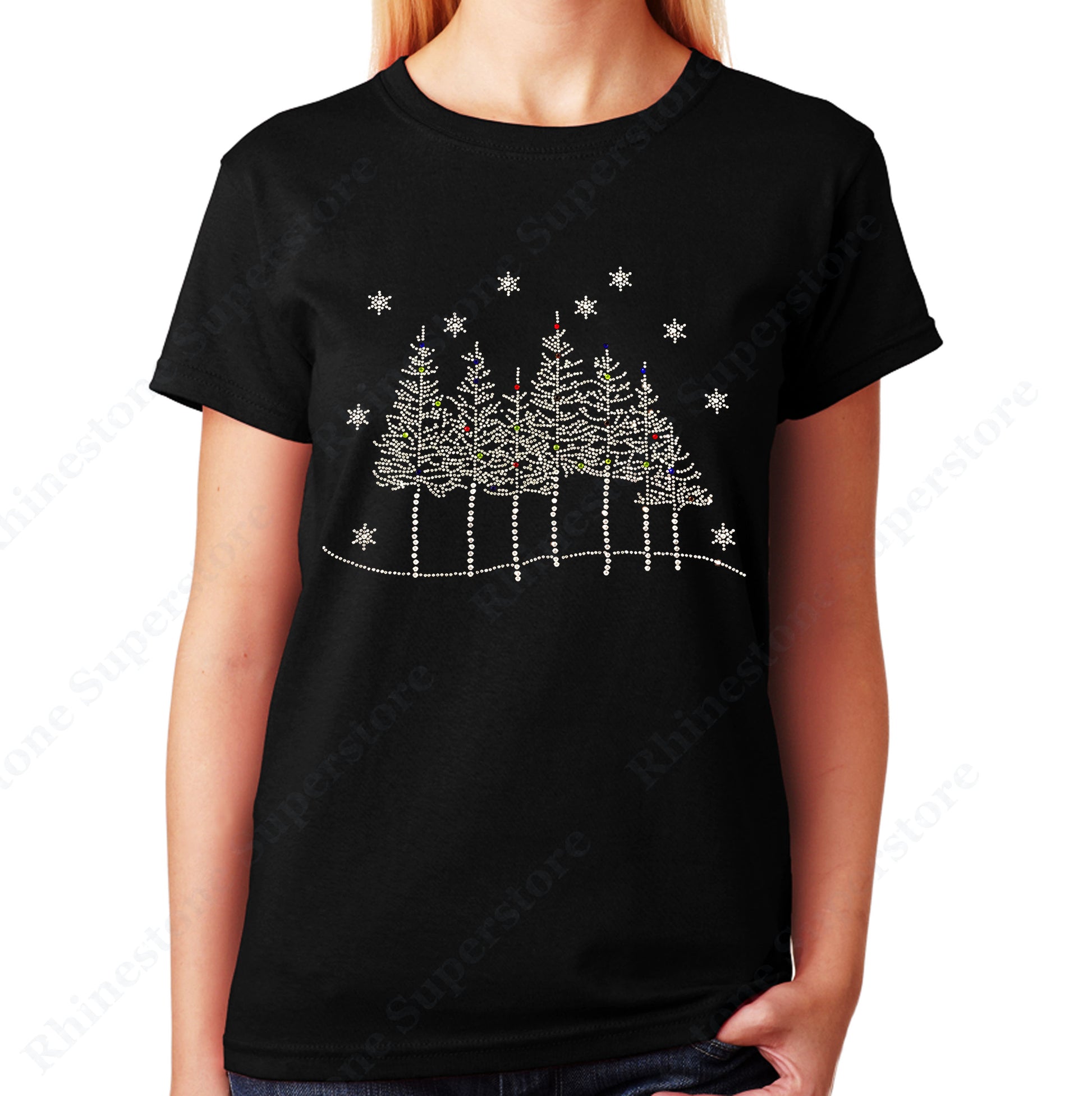 Unisex T-Shirt with Tree Line Scene with Snowflakes in Rhinestones
