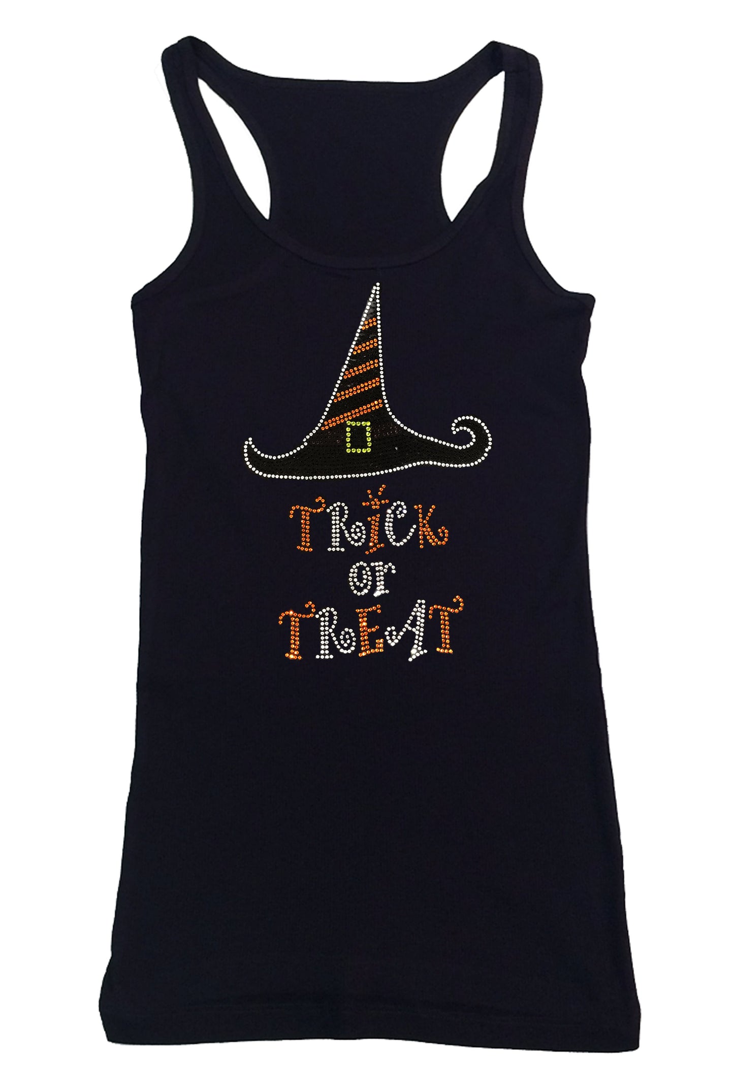 Womens T-shirt with Trick or Treat - Witch Hat Halloween in Rhinestones