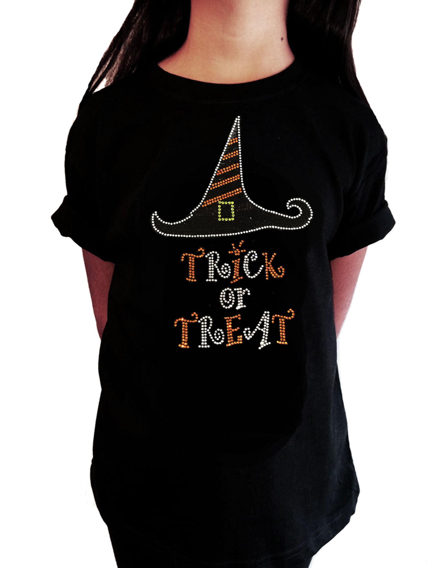 Girls Rhinestone T-Shirt " Trick or Treat - Witch Hat Halloween in Rhinestones "