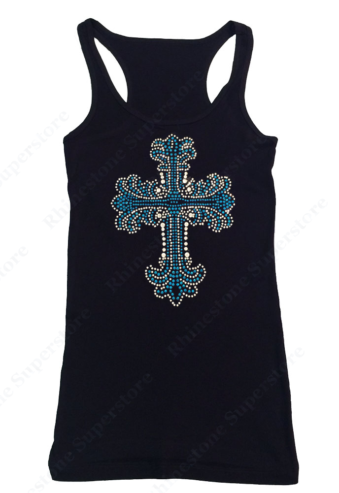 Womens T-shirt with Turquoise Cross in Rhinestones and Rhinestuds