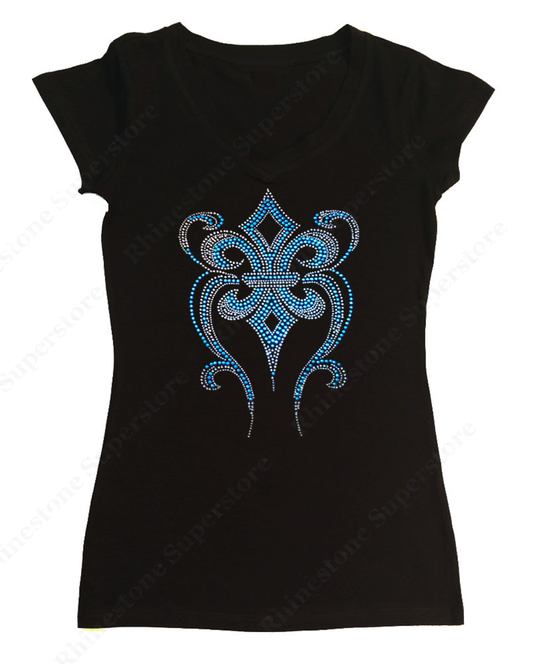 Womens T-shirt with Turquoise Fleur De Lis in Rhinestones