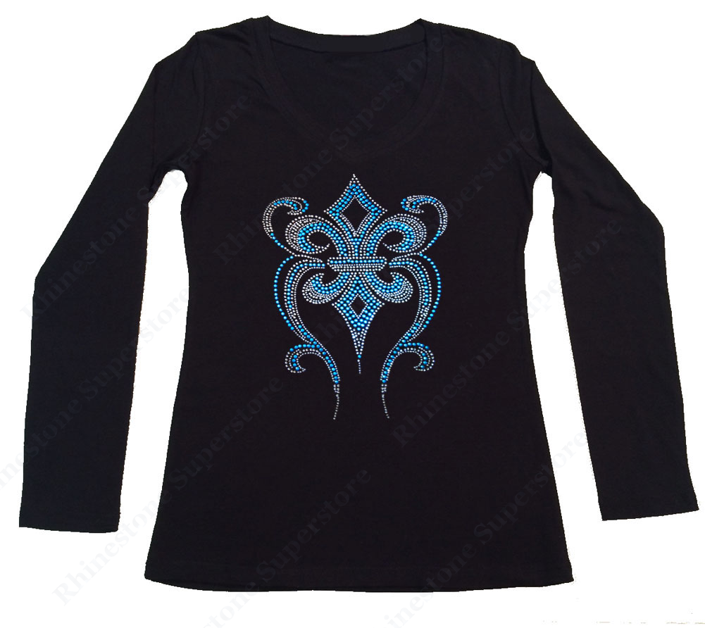 Womens T-shirt with Turquoise Fleur De Lis in Rhinestones