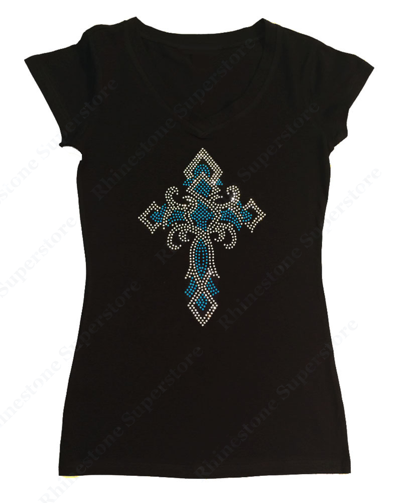 Womens T-shirt with Turquoise Twisted Cross in Rhinestones