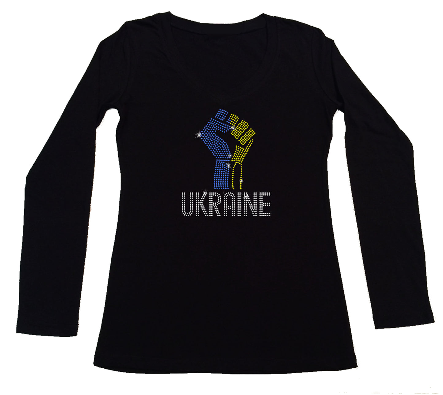 Women's Rhinestone Fitted Tight Snug Shirt Ukraine with Fist - Ukrainian Colors Support for Ukraine