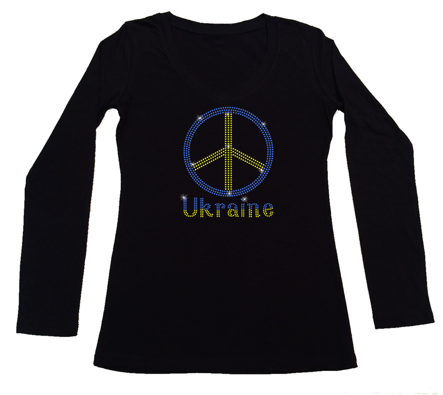 Women's Rhinestone Fitted Tight Snug Shirt Peace in Ukraine - Ukrainian Colors Peace Sign, Support for Ukraine