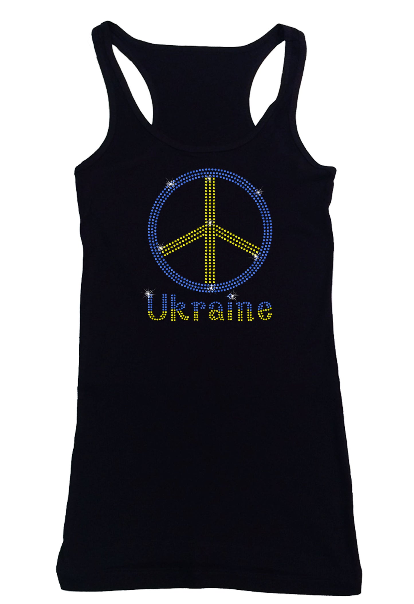 Women's Rhinestone Fitted Tight Snug Shirt Peace in Ukraine - Ukrainian Colors Peace Sign, Support for Ukraine