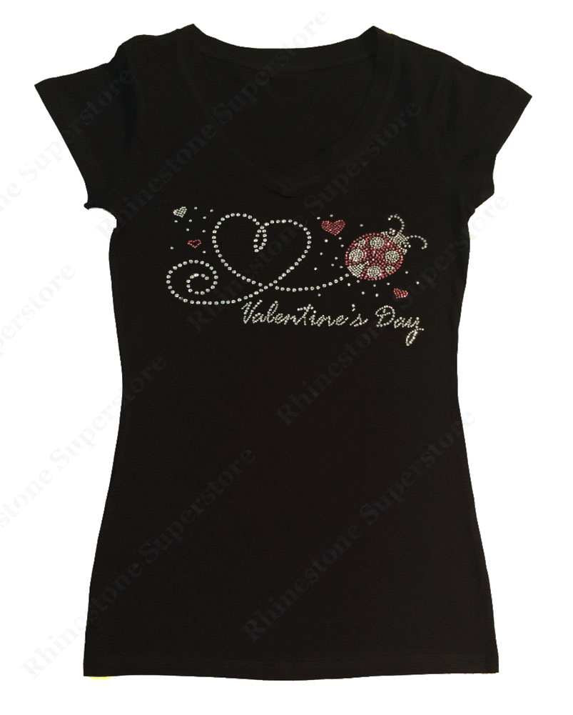 Womens T-shirt with Valentine's Day Heart with Lady Bug in Rhinestones