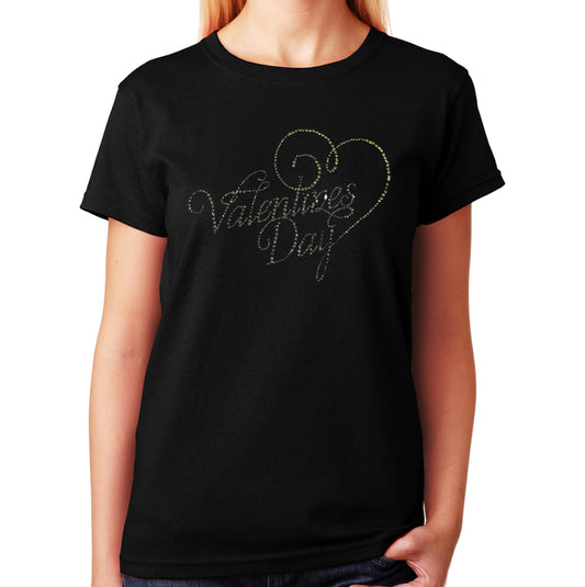 Women's / Unisex T-Shirt with Valentines Day with Pink Heart in Script in Rhinestones