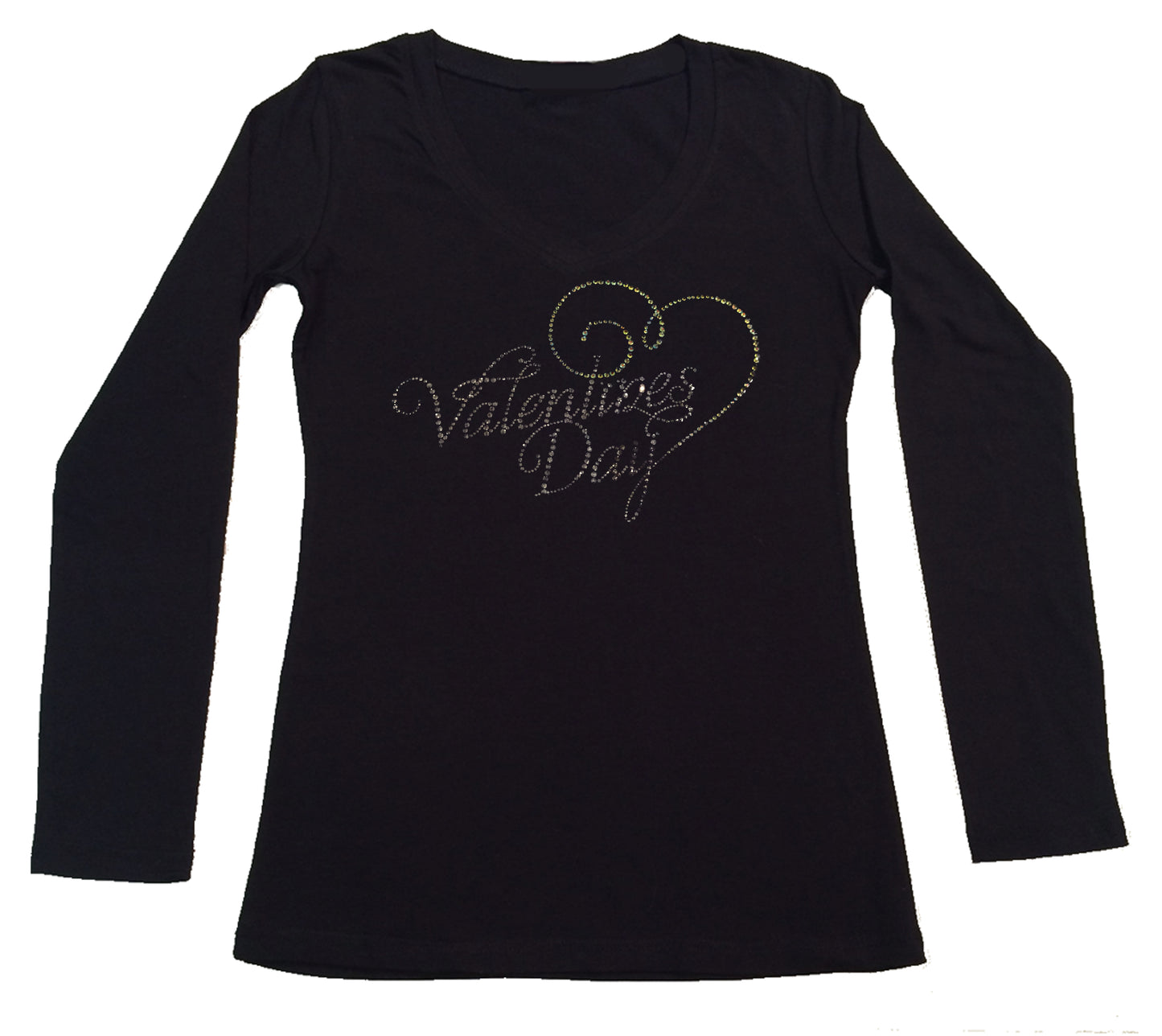 Womens T-shirt with Valentines Day with Pink Heart in Script in Rhinestones