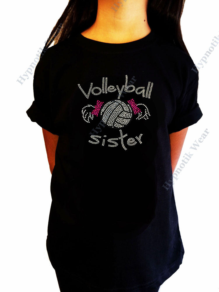 Girls Rhinestone T-Shirt Volleyball Sister w/ Pigtails - Sizes 3 to 14 Available