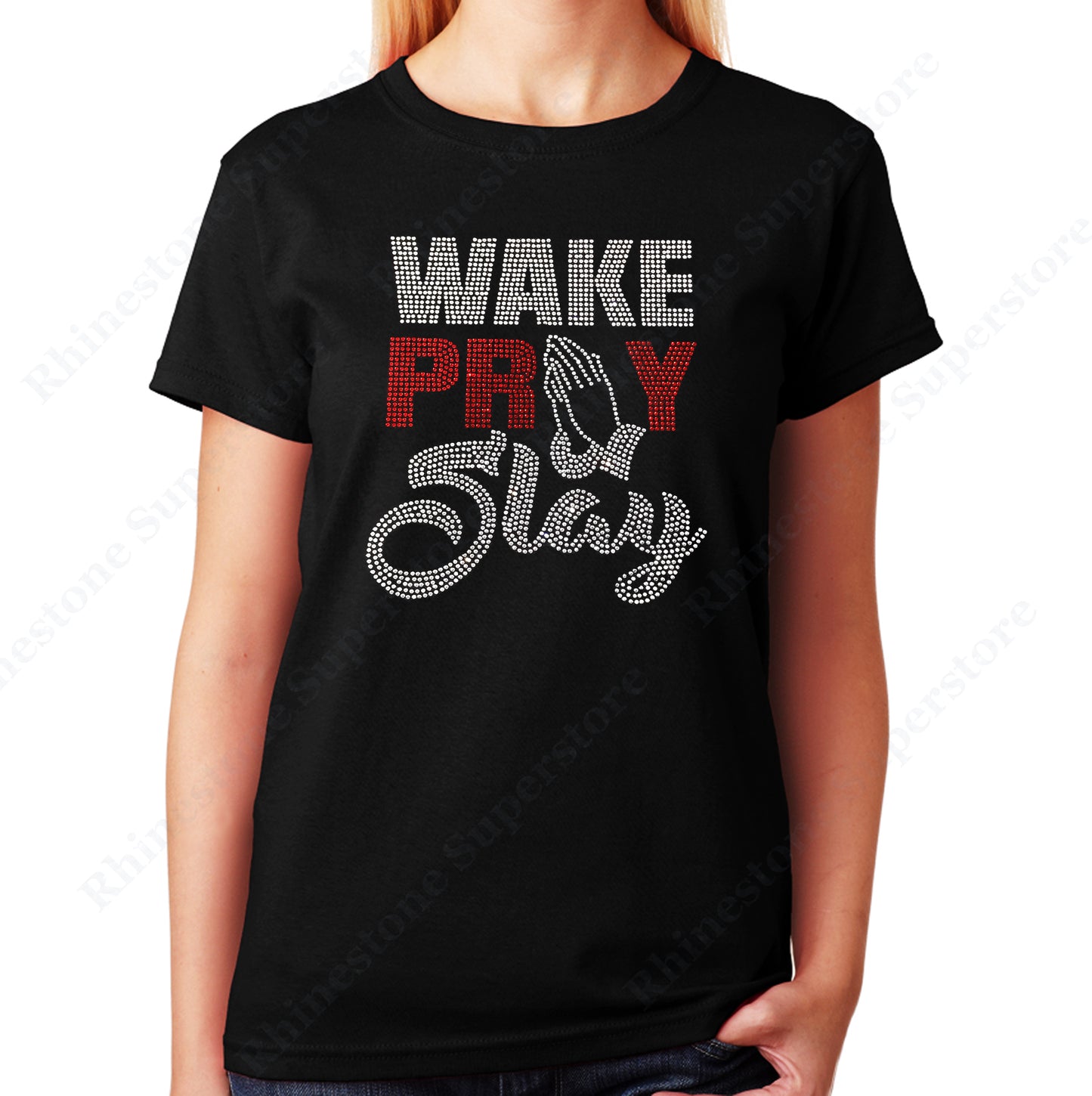 Unisex T-Shirt with Wake Pray Slay in Rhinestones
