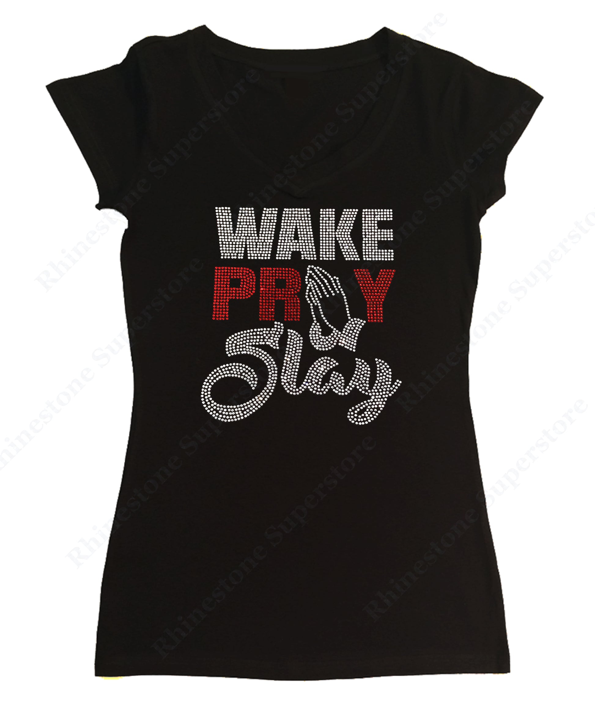 Womens T-shirt with Wake Pray Slay in Rhinestones