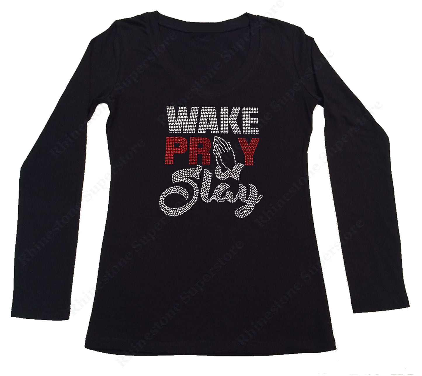 Womens T-shirt with Wake Pray Slay in Rhinestones