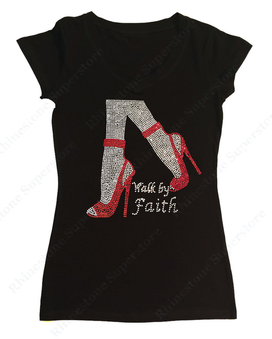 Womens T-shirt with Walk by Faith in Rhinestones