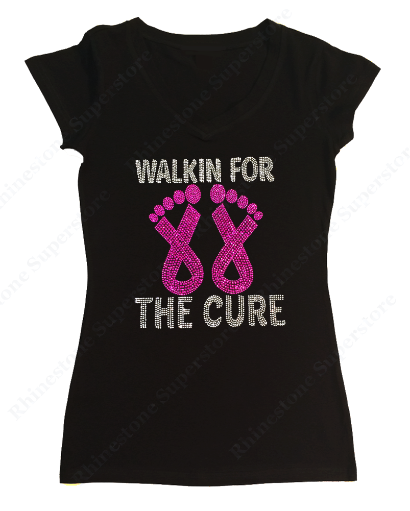 Womens T-shirt with Walk for the Cure Cancer Ribbons in Rhinestones