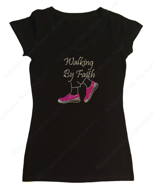 Womens T-shirt with Walking by Faith Pink Shoes in Rhinestones