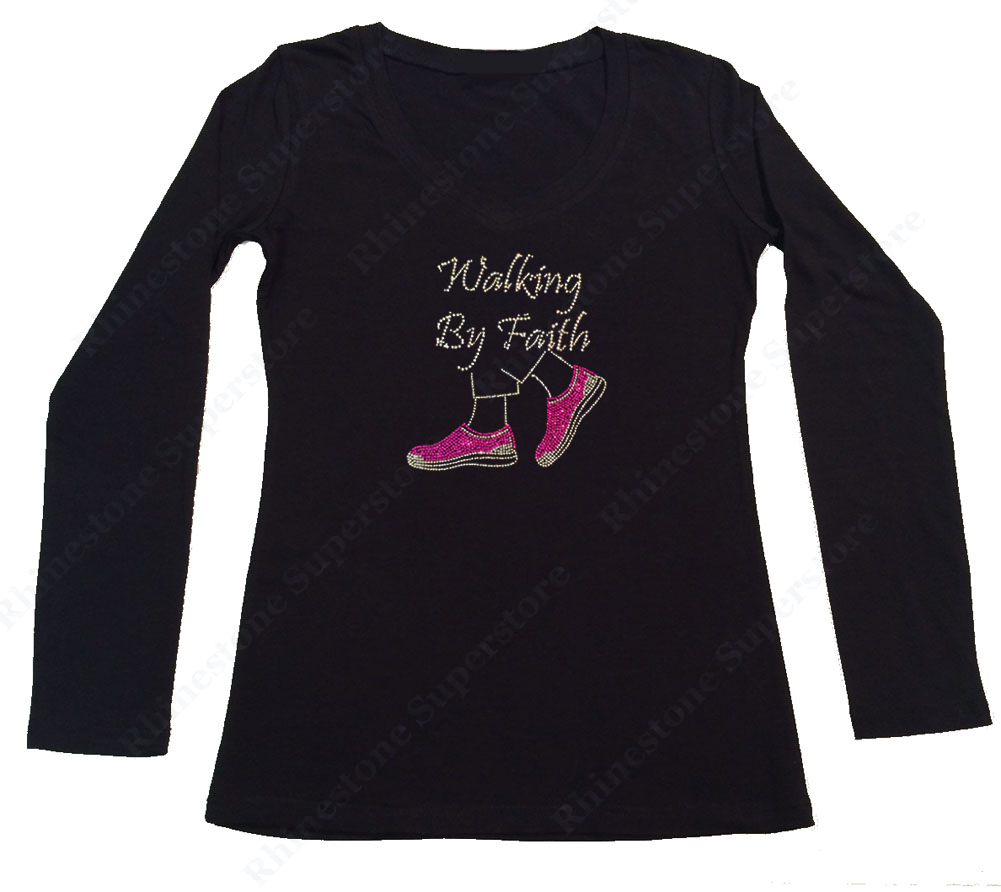 Womens T-shirt with Walking by Faith Pink Shoes in Rhinestones