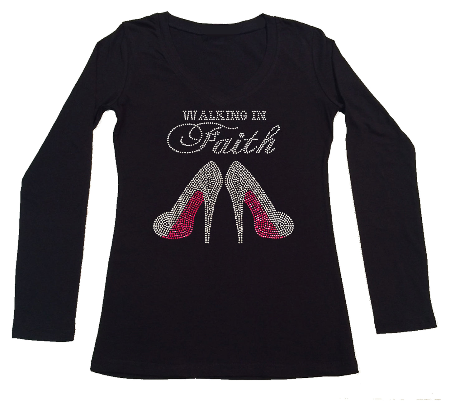 Womens T-shirt with Walking in Faith Pink Heels in Rhinestones