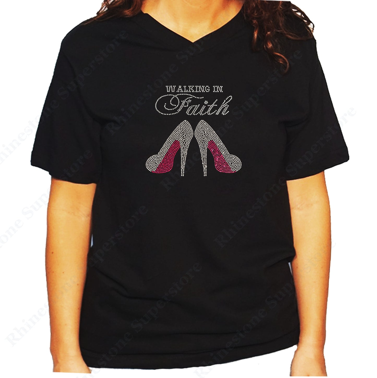 Women's / Unisex T-Shirt with Walking in Faith Pink Heels in Rhinestones