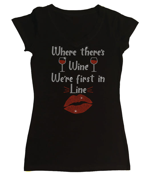 Womens T-shirt with Where there's Wine in Rhinestones