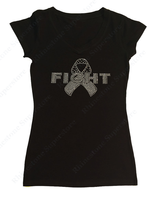 Womens T-shirt White Fight Child Cancer Ribbon in Rhinestones and Rhinestuds