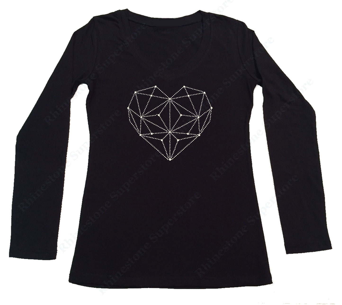 Womens T-shirt with White Heart in Rhinestones