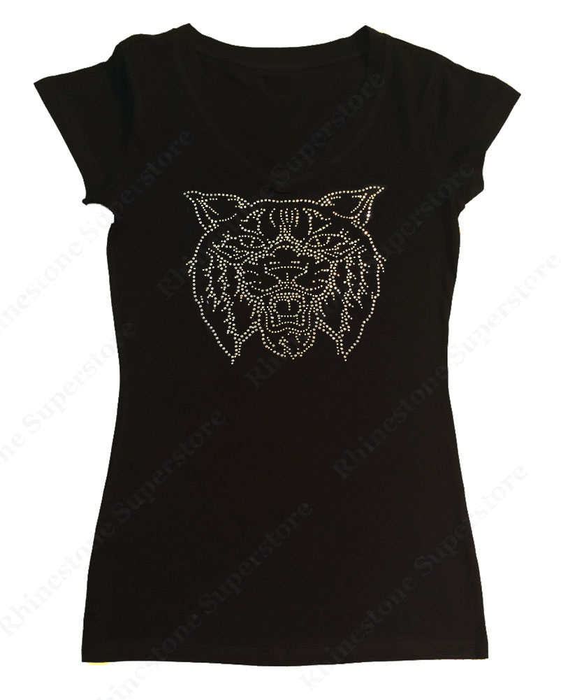Womens T-shirt with Wildcat or Bobcat in Crystal Rhinestones