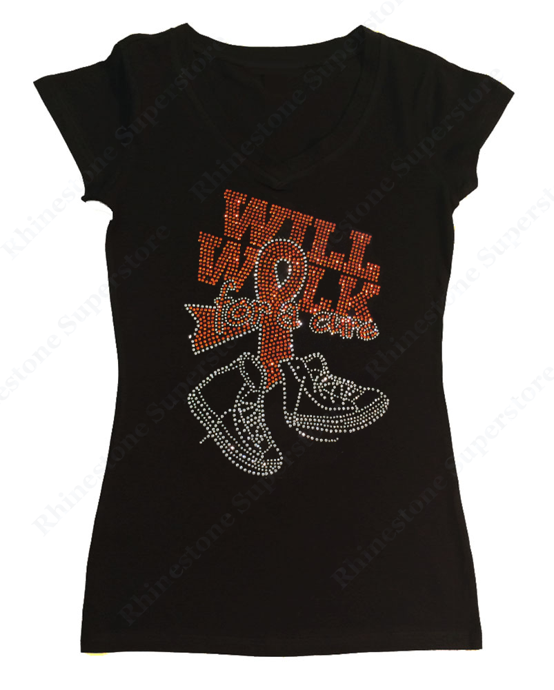 Womens T-shirt with Will Walk for a Cure Leukemia Cancer Ribbon in Rhinestones