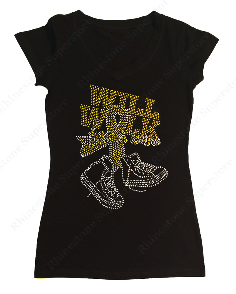 Womens T-shirt with Will Walk for a Cure Sarcoma Bone Cancer Ribbon in Rhinestones