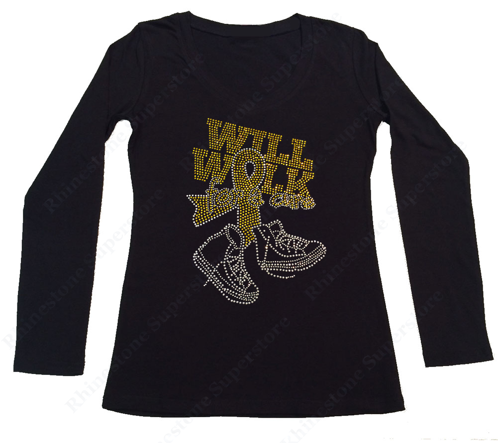 Womens T-shirt with Will Walk for a Cure Sarcoma Bone Cancer Ribbon in Rhinestones