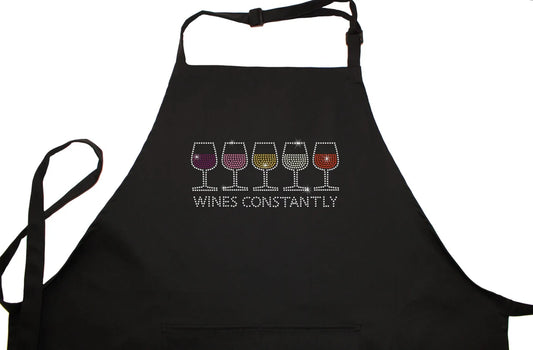 Rhinestone Embellished Black Apron with " Wine Apron, Kitchen Apron " Drink Night