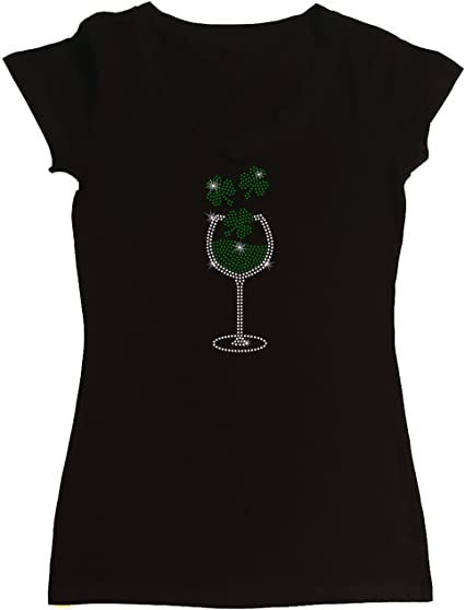 Women's Rhinestone Fitted Tight Snug Wine Glass with Clovers, Saint Patty's Day Shirt