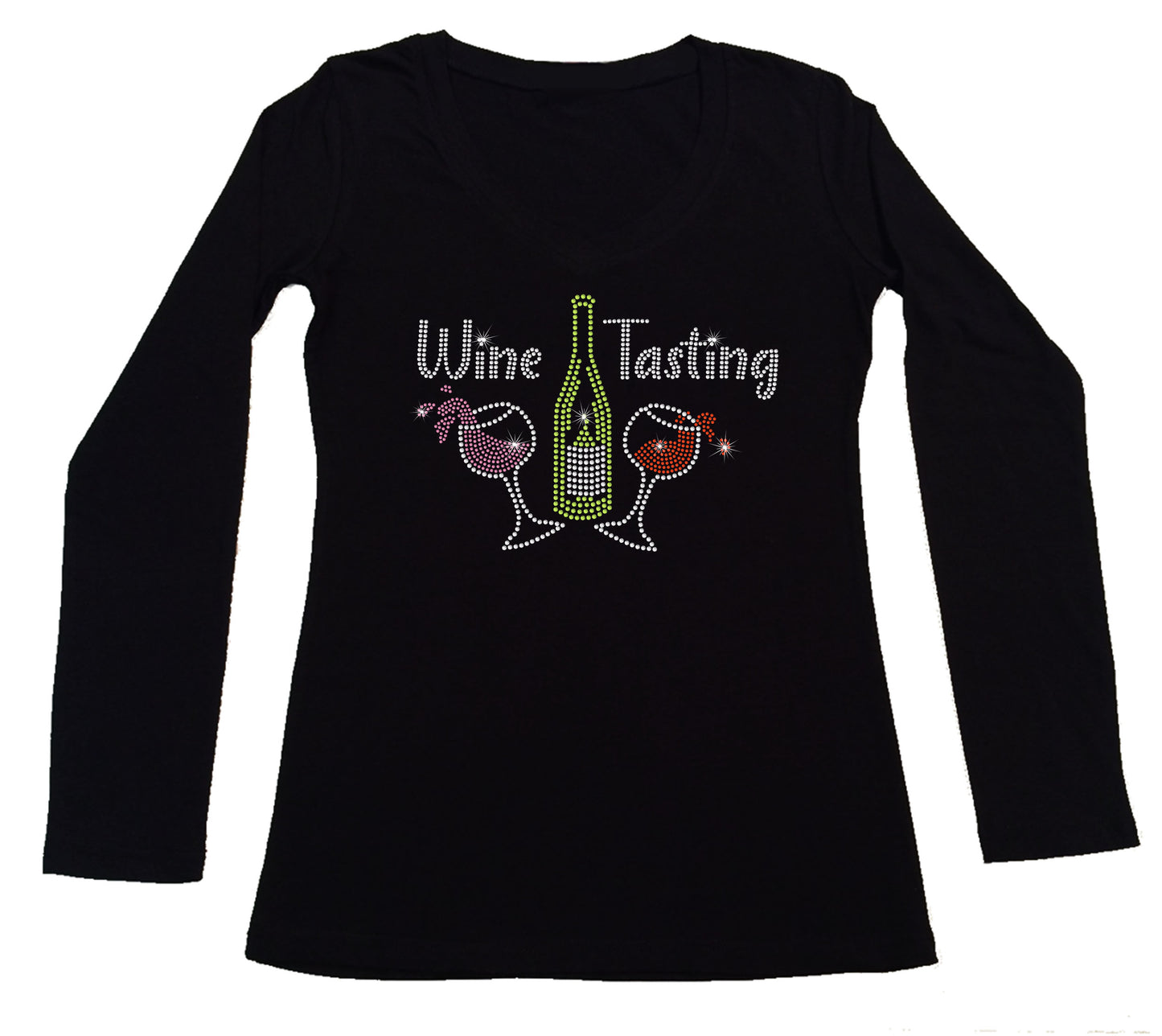 Women's Rhinestone Fitted Tight Snug Shirt Wine Tasting - Wine Glasses and Wine Bottles