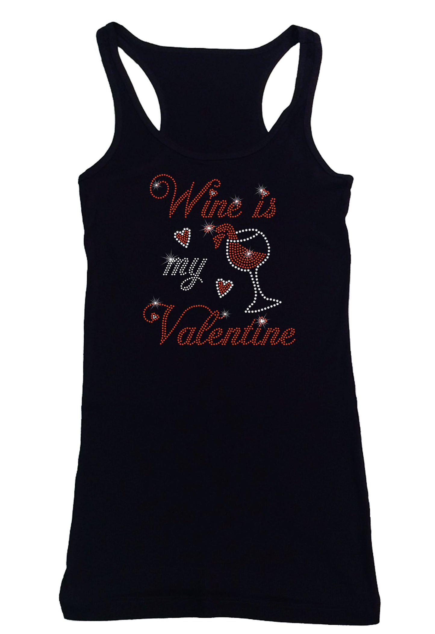 Women's Rhinestone Fitted Tight Snug Shirt Wine is My Valentine - with Wine Glass and Hearts