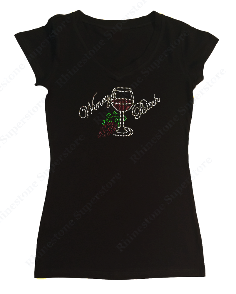 Womens T-shirt with Winey Bitch with Wine Glass and Grapes in Rhinestones