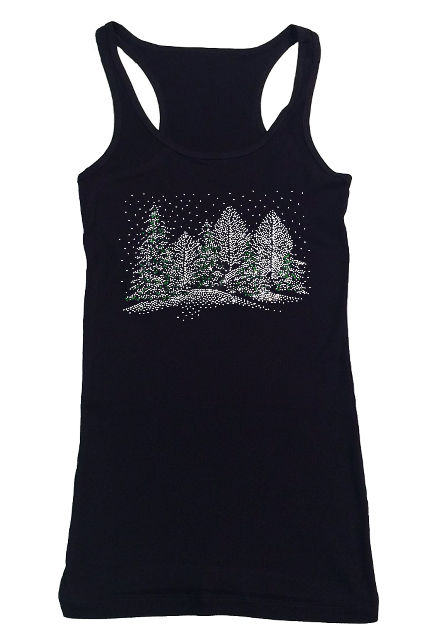 Womens T-shirt with Winter Scene with Snow and Christmas Trees in Rhinestones