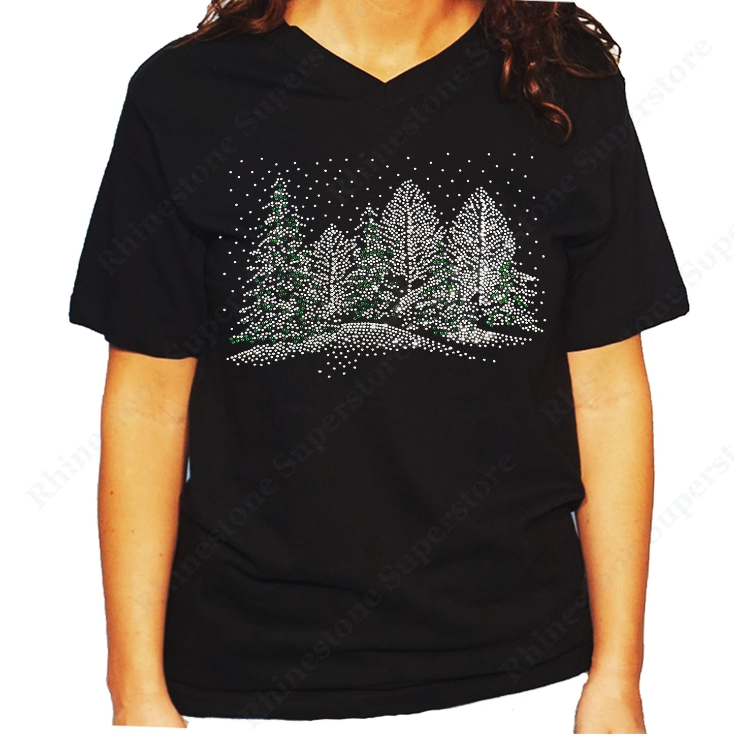 Women's / Unisex T-Shirt with Winter Scene with Snow and Christmas Trees in Rhinestones