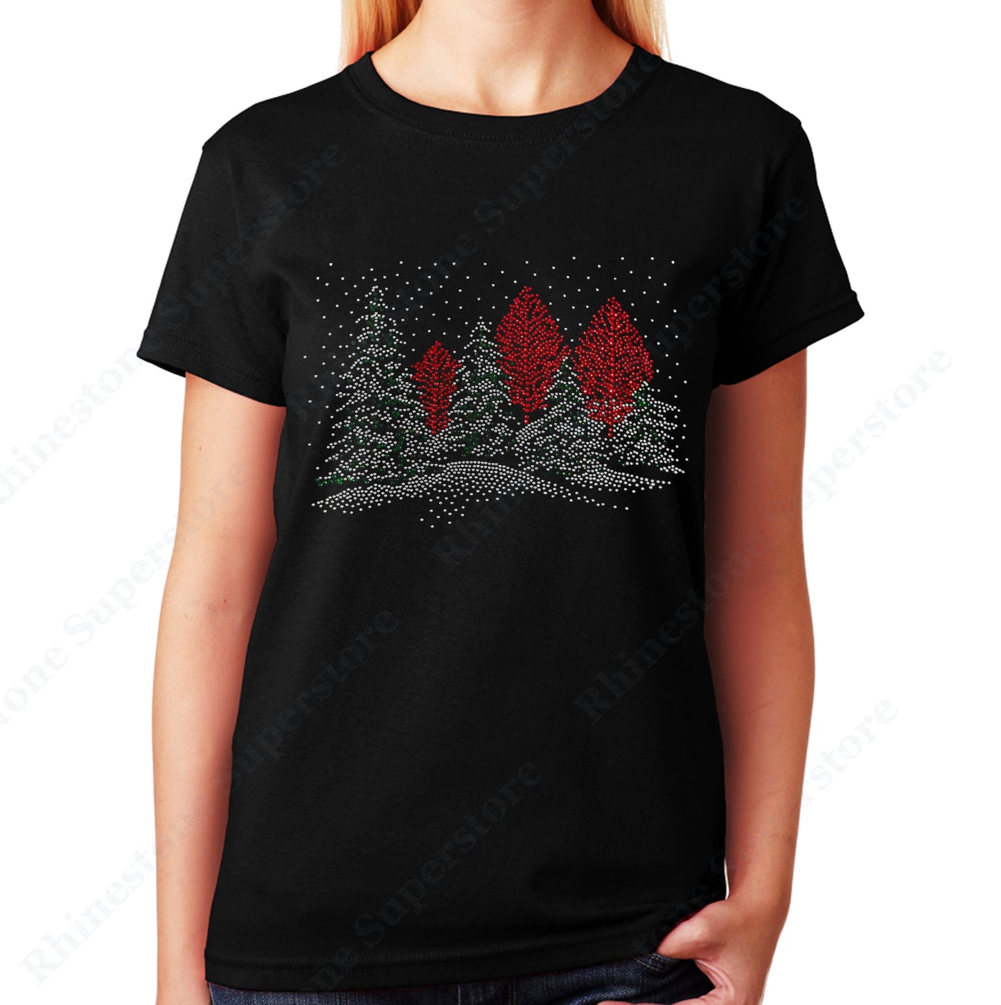 Women's / Unisex T-Shirt with Winter Scene with Snow and Trees in Rhinestones