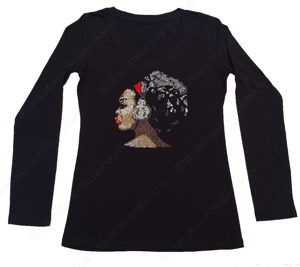 Womens T-shirt with Woman with Headphones in Rhinestones
