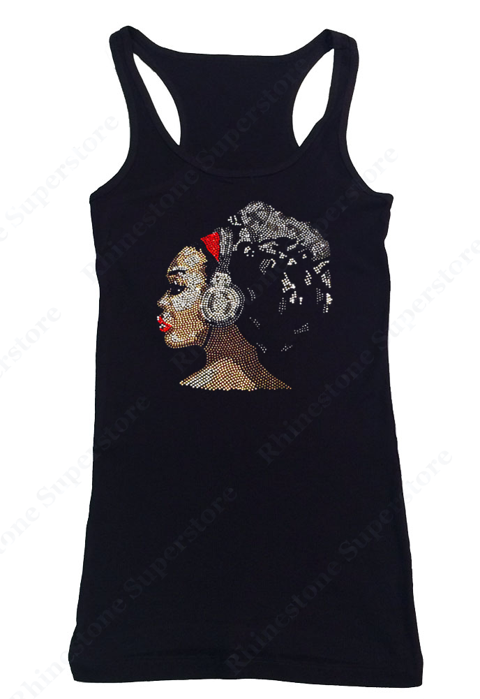 Womens T-shirt with Woman with Headphones in Rhinestones