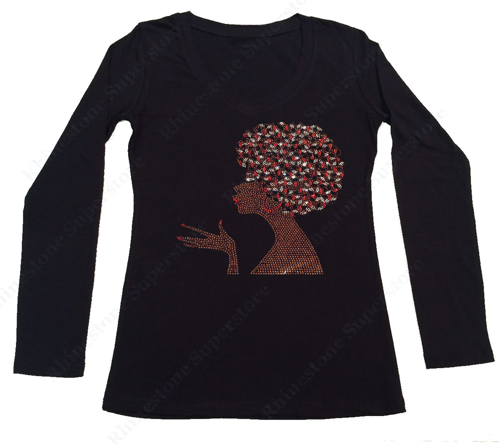 Womens T-shirt with Women with Afro in Rhinestones