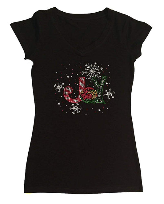 Womens T-shirt with Christmas Joy in Rhinestones
