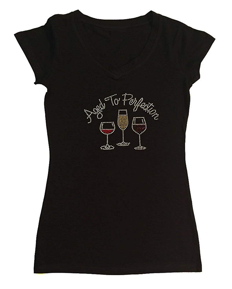 Womens T-shirt with Aged to Perfection Wine Cups in Rhinestones