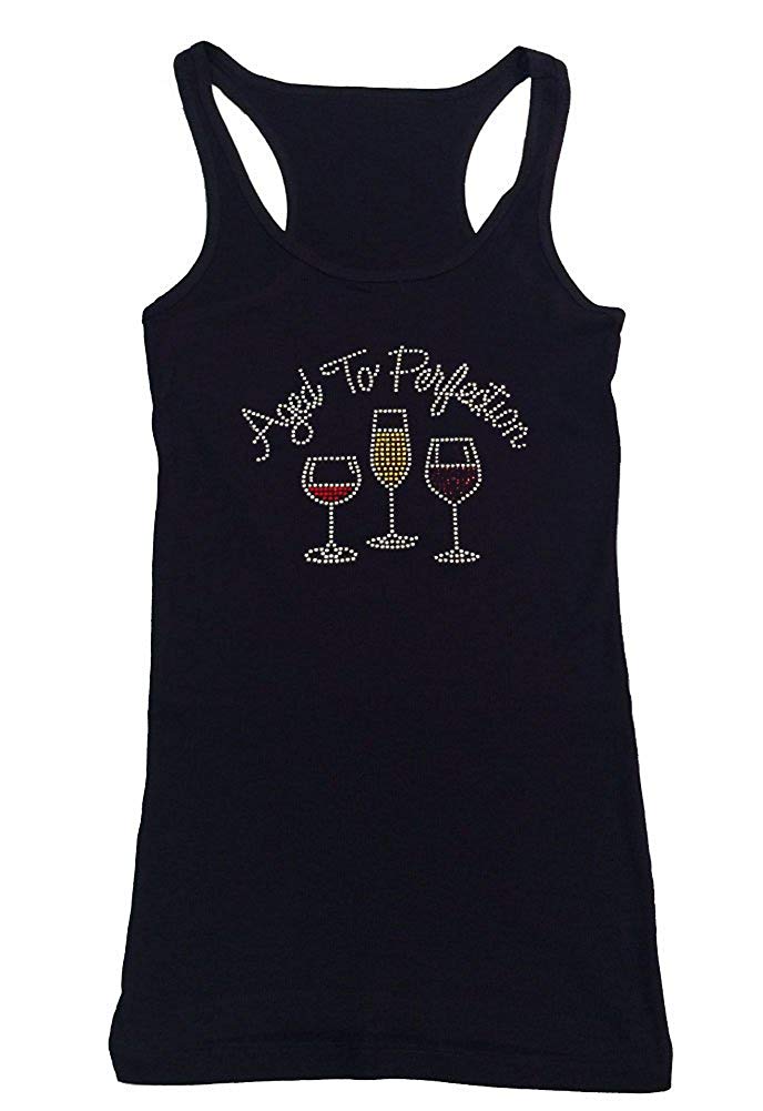 Womens T-shirt with Aged to Perfection Wine Cups in Rhinestones
