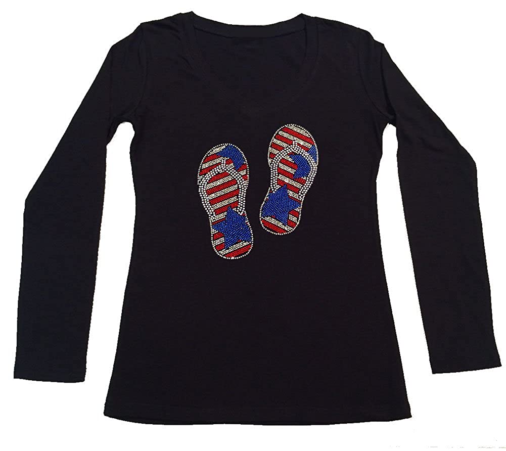 Womens T-shirt with 4th of July Vacation Sandals in Rhinestones